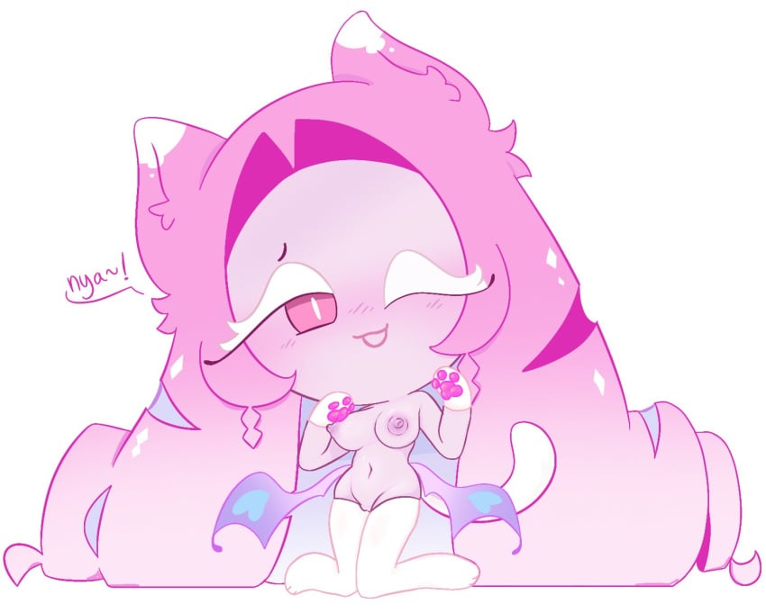 1girls alternate_costume blush breasts cat_girl cat_paws cookie_run cookie_run_kingdom eternal_sugar_cookie female_focus female_only functionally_nude_female on_knees one_eye_closed paws pink_body pussy stockings tagme_(artist)