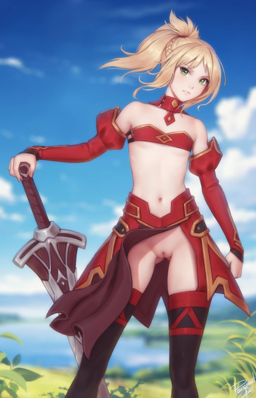 1girls areolae artist_signature ass_visible_through_thighs bare_shoulders black_thighhighs blonde_hair blurry blurry_background braid breasts clarent_(fate) clothing_aside cloud collar detached_collar detached_sleeves exposed exposed_breasts exposed_pussy fate/apocrypha fate/grand_order fate_(series) female female_only functionally_nude functionally_nude_female green_eyes hair_ornament hair_scrunchie highres looking_at_viewer mordred_(fate) navel nipples outdoors pelvic_curtain pelvic_curtain_aside personalami planted planted_sword ponytail pussy revealing_clothes scrunchie skimpy_clothes skindentation sky small_breasts solo solo_female stockings sword thighhighs uncensored weapon wind