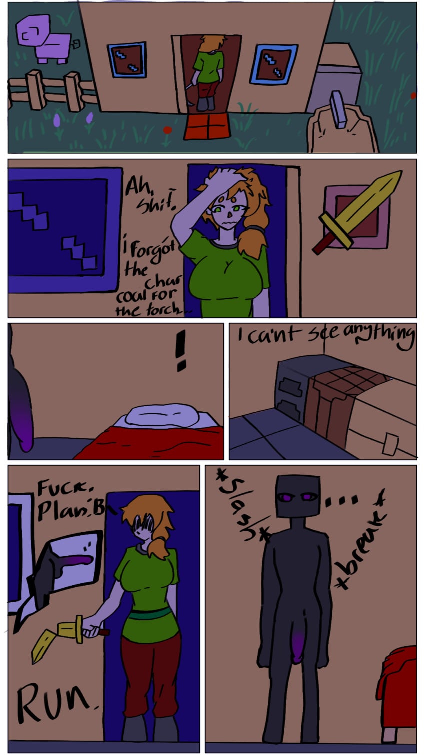 9:16 alex_(minecraft) anthro bed bedding big_breasts big_penis black_body black_skin blanket breasts broken_sword chest_(container) clothed clothing comic dialogue domestic_pig duo enderman english_text female fur furniture genitals golden_sword green_clothing green_eyes hair hi_res holding_melee_weapon holding_object holding_weapon human male male/female mammal melee_weapon microsoft mine minecraft mojang night not_furry nude orange_hair penis picture_frame pig_(minecraft) pillow pink_body pink_fur purple_eyes red_blanket riozzy_witroy7 scared standing suid suine sus_(pig) sword text weapon xbox_game_studios