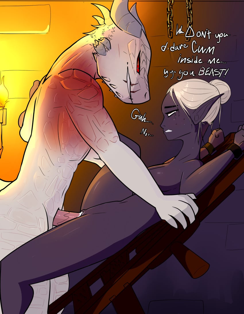 absurd_res baldur's_gate baldur's_gate_3 bodily_fluids dark_elf dialogue dragonborn_(dnd) drow dungeons_and_dragons elf explicitly_stated_nonconsent female forced hair hasbro hi_res humanoid larian_studios male male/female minthara penetration penile penile_penetration penis_in_vagina privvys-art purple_body rape restrained restrained_arms restraints scalie sex size_difference sketch_page tears the_dark_urge_(baldur's_gate) torture_device torture_rack_(device) vaginal vaginal_penetration white_hair wizards_of_the_coast