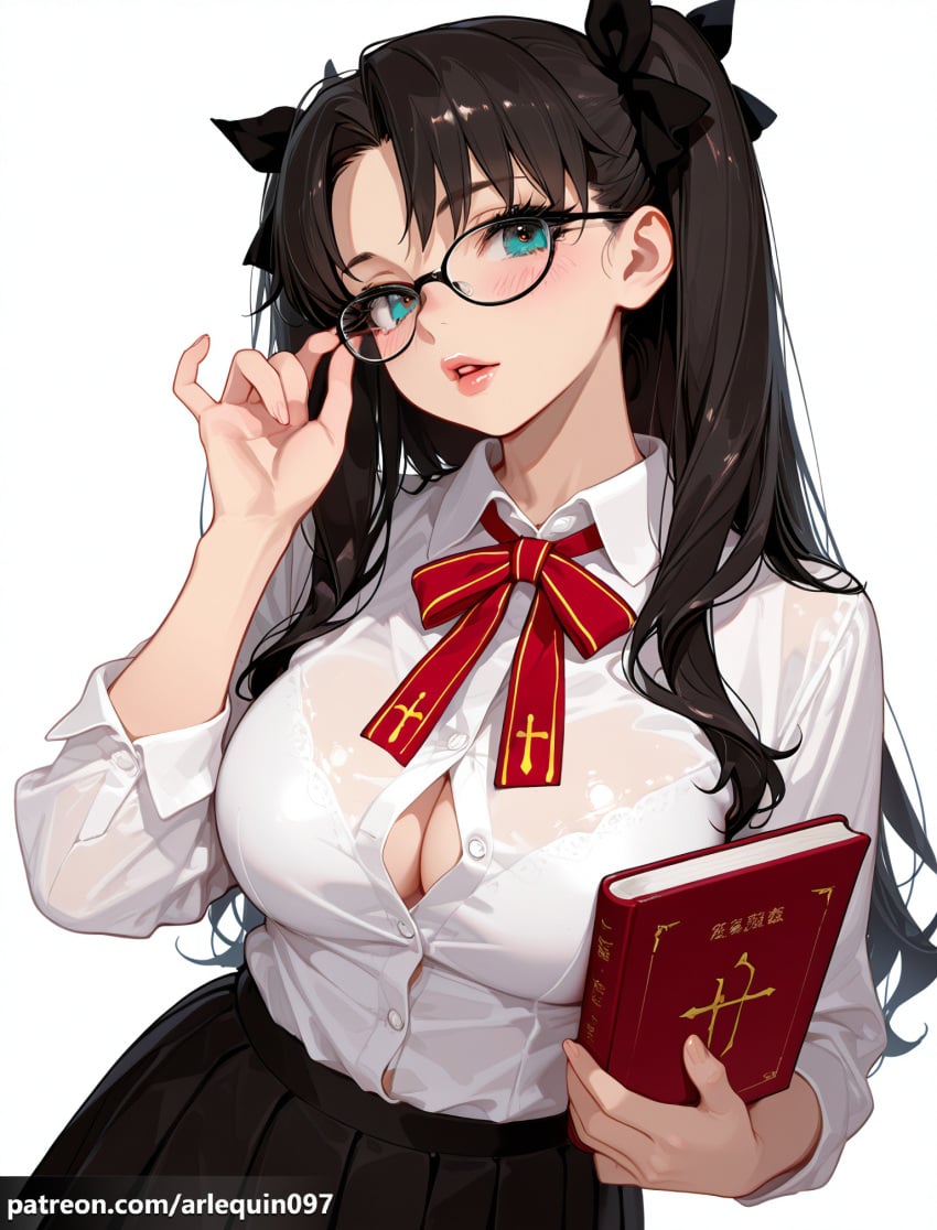 1girl adjusting_eyewear ai_generated alternate_breast_size aqua_eyes arlequin097 bespectacled black-framed_eyewear black_hair black_ribbon black_skirt blue_eyes blush book bow bowtie bra bra_peek bra_visible_through_clothes breasts button_gap buttons cleavage collared_shirt cross_print dress_shirt fate/stay_night fate_(series) fingernails glasses hair_ribbon hand_on_eyewear hand_up holding holding_book large_breasts lips long_hair long_sleeves looking_at_viewer neck_ribbon parted_bangs parted_lips partially_unbuttoned pink_lips pleated_skirt red_ribbon ribbon rin_tohsaka school_uniform see-through shirt shirt_tucked_in simple_background skirt solo tohsaka_rin twintails two_side_up underwear white_background white_bra white_shirt