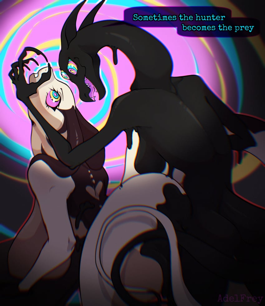 adelfrey anthro big_breasts black_body breasts colorful_background duo female goo_creature hi_res huge_breasts hypnosis hypnotic_eyes mimic mimic_(adelfrey) mind_control multi_eye nipples nude open_mouth reptile sagging_breasts scalie snake submissive submissive_anthro submissive_female text zuri_(rfta)
