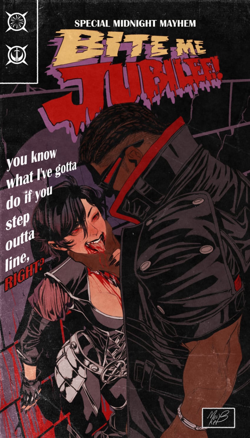 1boy 1girls against_wall black_lipstick blade_(eric_brooks) blade_(marvel_comics) blood blood_on_breasts blood_on_face breasts cleavage clothed comic_cover cornrows dark-skinned_male dark_skin english_text fake_cover fingerless_gloves height_difference jubilee light-skinned_female light_skin marvel marvel_comics medium_breasts melykeyb naughty_face red_eyes sunglasses tongue_out vampire vampire_girl vampire_jubilee x-men