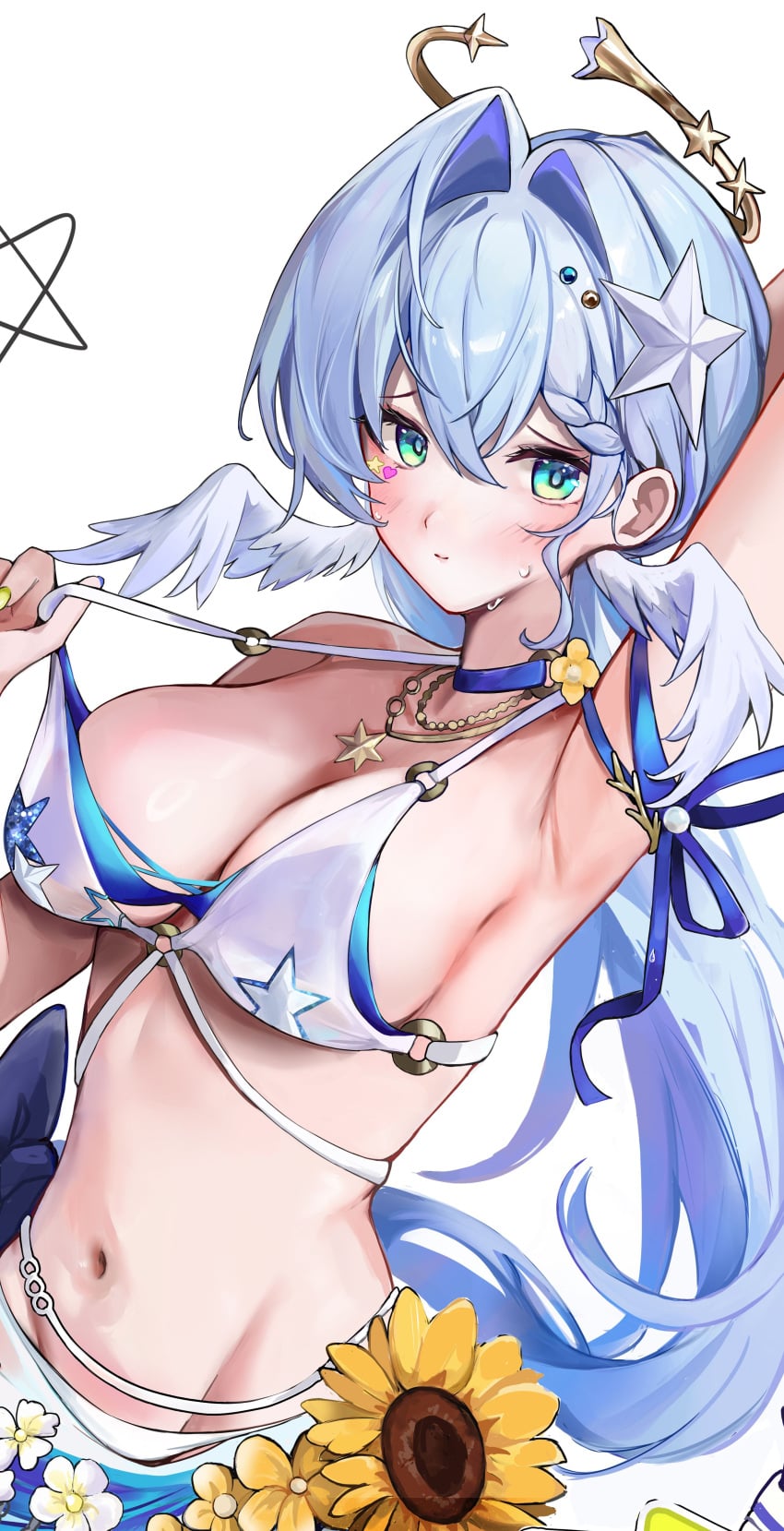 1girl absurdres angel armpits arms_up artist_request belly belly_button big_breasts bikini blue_hair blush blushing breasts cleavage commentary_request female female_focus female_only flower flower_ornament green_eyes hair_ornament halo head_wings highres hips hips_wider_than_shoulders holding_strap honkai:_star_rail honkai_(series) huge_breasts inner_sideboob jewelry korean_commentary large_breasts long_hair looking_at_viewer navel necklace official_alternate_costume robin_(honkai:_star_rail) robin_(summeretto)_(honkai:_star_rail) sarong sideboob simple_background solo star starfish_hair_ornament stomach sunflower swimsuit very_long_hair white_background white_bikini white_sarong white_swimsuit white_wings wings yellow_nails