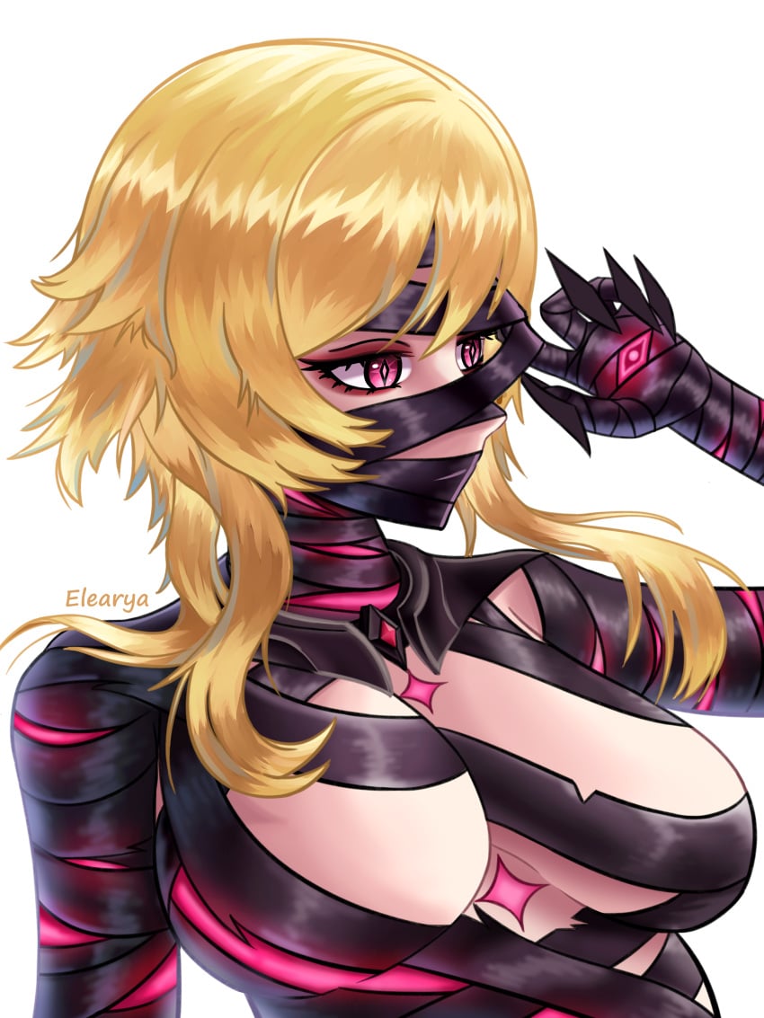absurd_res alternate_costume artist_request bandages bandages_around_breasts bandages_around_chest bandages_on_arms bandages_over_mouth blonde_hair breasts corrupted corruption cosplay costume eye_color_change eyeshadow genshin_impact huge_breasts lumine_(genshin_impact) makeup male/female male_in_female_body mommy possessed possession red_eyes rerir_(genshin_impact) short_hair simple_background slit_pupils tagme tagme_(artist) unusual_pupils waifu white_background