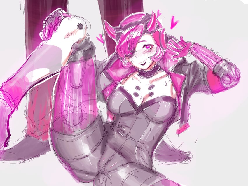 1female 1girl 1girls 1woman apex_legends clothed clothed_female eyepatch pink_eyes pink_hair pink_horn pink_horns see-through_body sketch_lines solo_focus spread_legs tagme wattson wattson_(apex_legends)