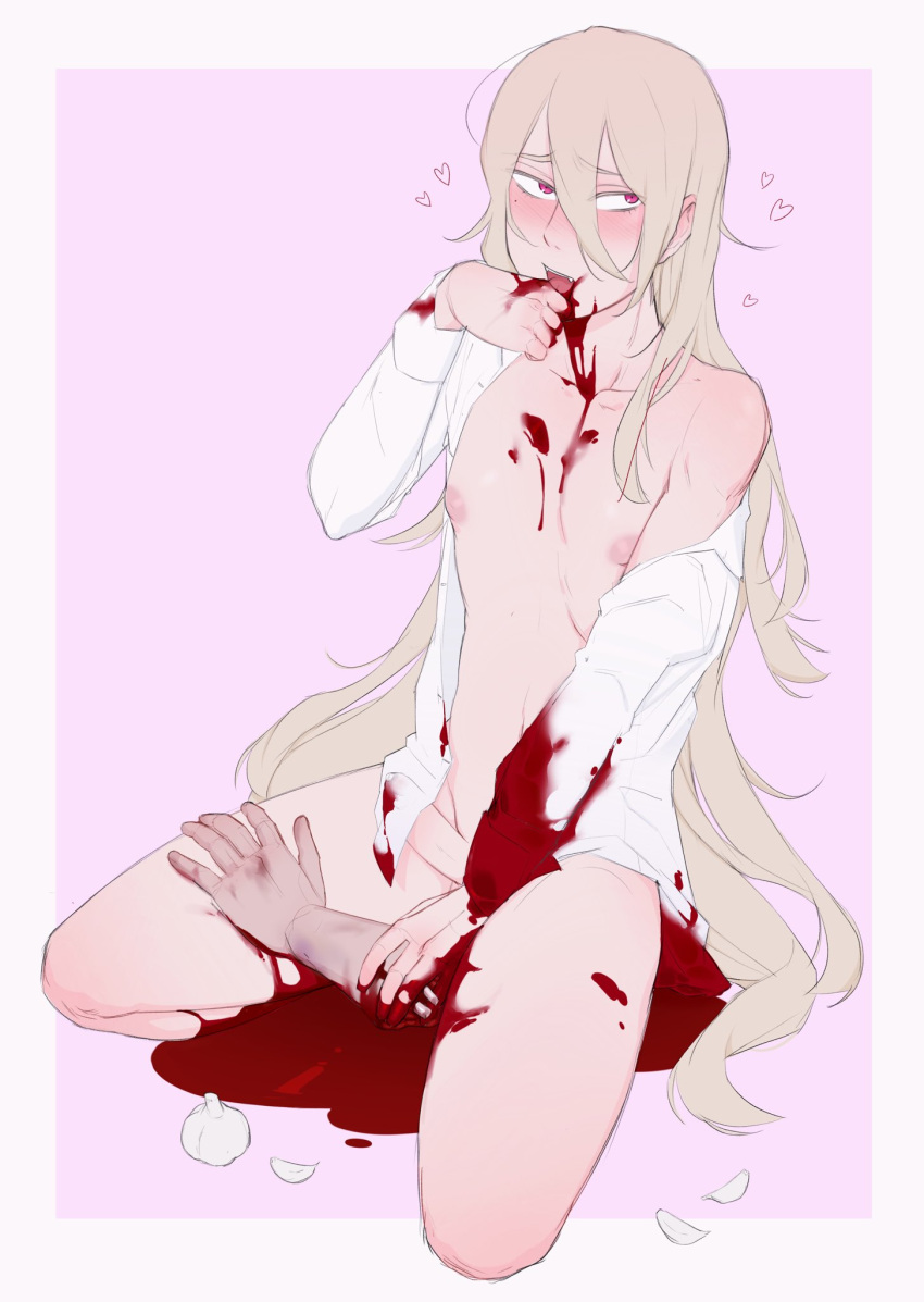 blonde_hair blood erection femboy girly gore guro haruhssment kneeling long_hair penis severed_arm simple_background white_shirt