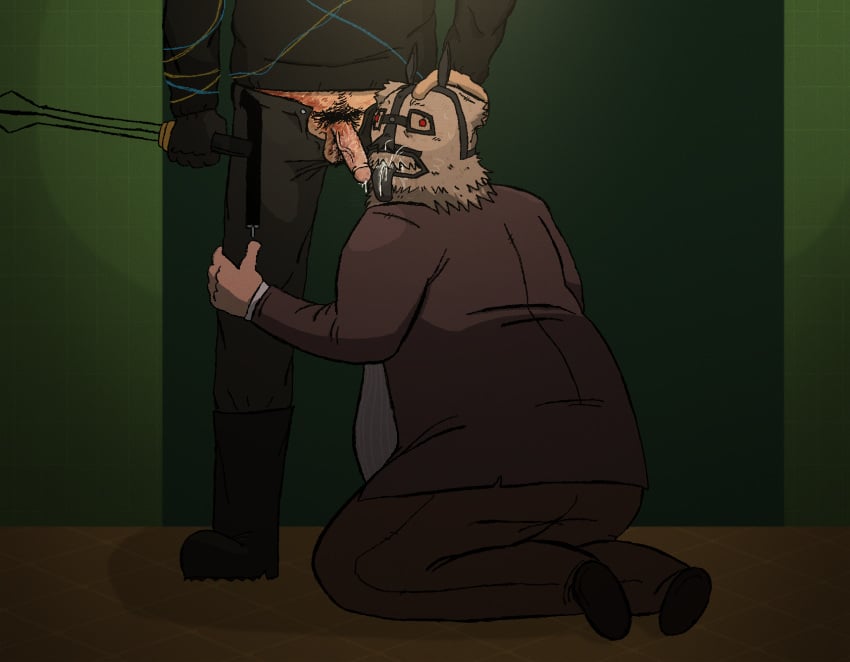 2boys burn_scar circumcised_penis fat_male fully_clothed leland_coyle masked_male obese_male on_knees oral outlast outlast_trials pubes saliva shitkinker1 sucking_penis