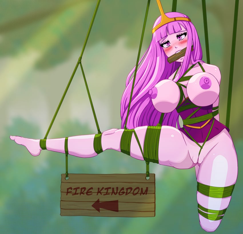 1girls adventure_time arms_behind_back bit_gag bondage bound bound_arms bound_breasts bound_legs corset crotch_rope female female_only femsub gag gagged hairless_pussy princess_bubblegum puffpow purple_hair purple_skin rope suspended suspension_bondage