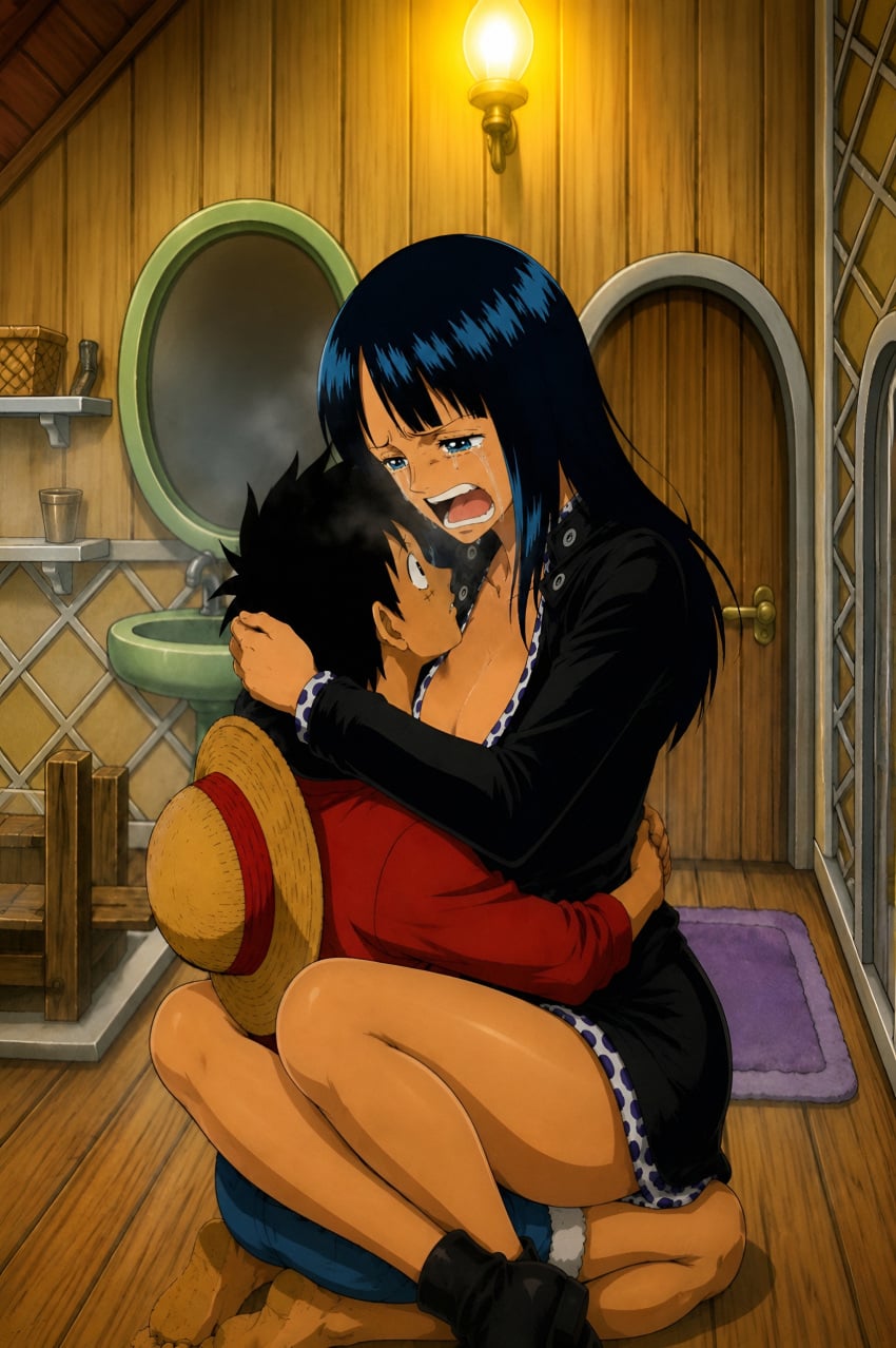 ai_generated bathroom big_legs breathing breathing_on_another cowgirl_position crying hugging inminent_sex intimate_atmosphere looking_at_another monkey_d_luffy nico_robin one_piece size_difference tears unknown_artist visible_breath