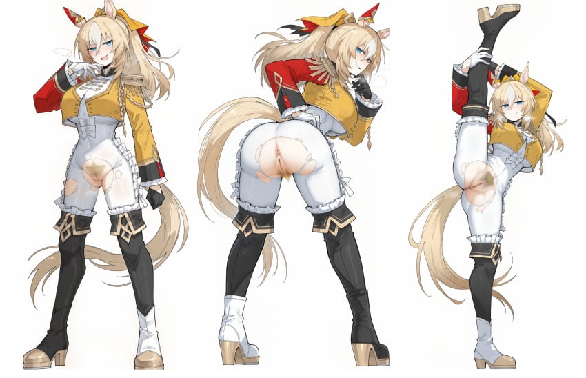 ai_generated asymmetrical_footwear asymmetrical_gloves asymmetrical_sleeves black_footwear black_gloves blonde_hair blue_hair bodysuit crop_top_jacket durandal_(umamusume) epaulettes from_behind hand_on_own_leg horse_ears horse_tail huge_breasts looking_at_viewer multiple_views ponytail pubic_hair red_sleeves single_ear_cover standing_split thighigh_boots torn_bodysuit umamusume umamusume_pretty_derby white_bodysuit white_footwear white_gloves yellow_jacket