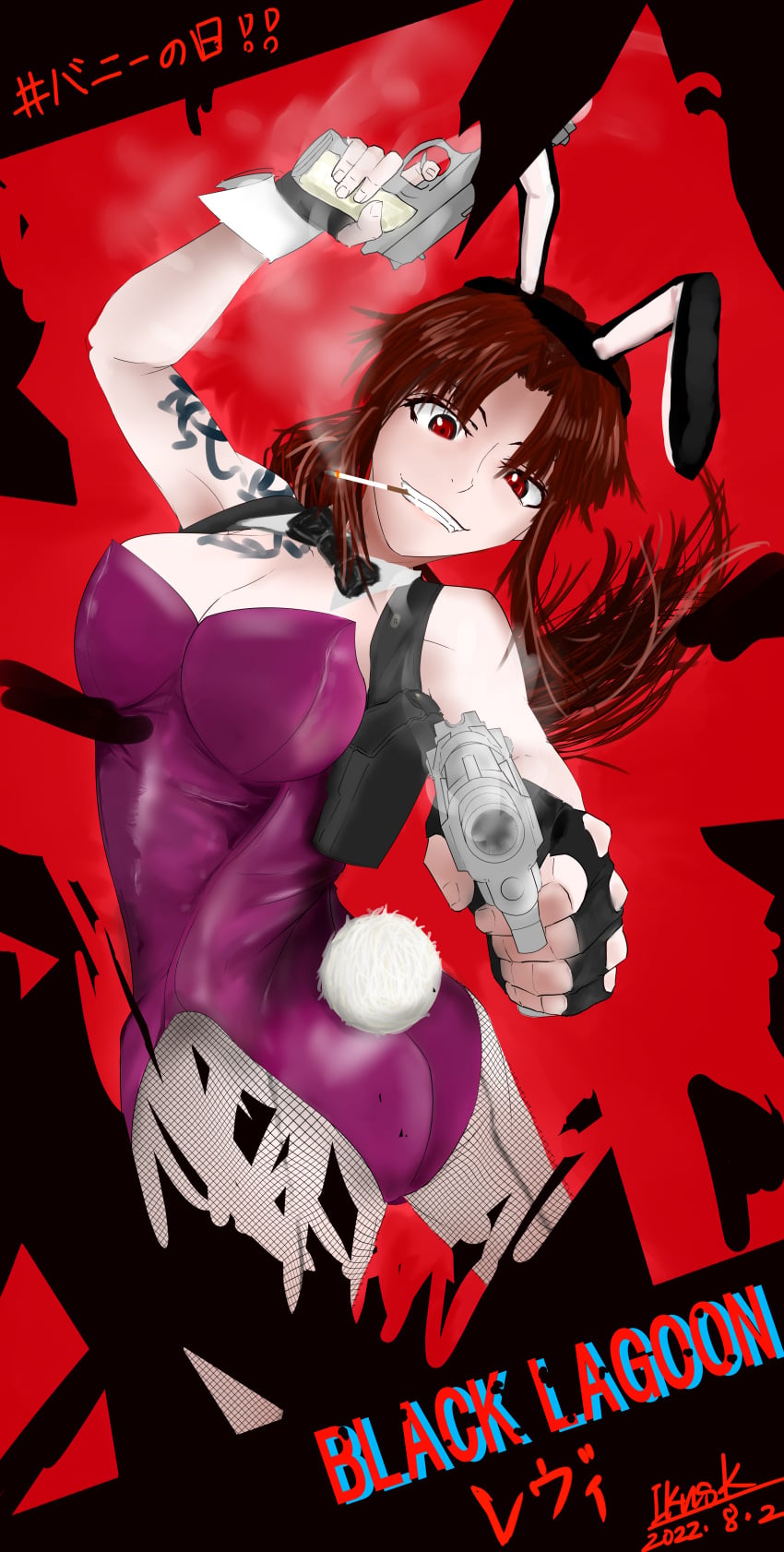 1girls artist_name big_breasts black_lagoon bowtie breasts brown_hair bunny_ears bunny_tail bunnysuit cigarette cleavage dated eyebrows eyebrows_visible_through_hair eyelashes fake_animal_ears female female_focus female_only fishnets gun holding holding_gun iknsk large_breasts light-skinned_female light_skin long_hair looking_at_viewer playboy_bunny red_eyes revy solo solo_female solo_focus tattoo watermark