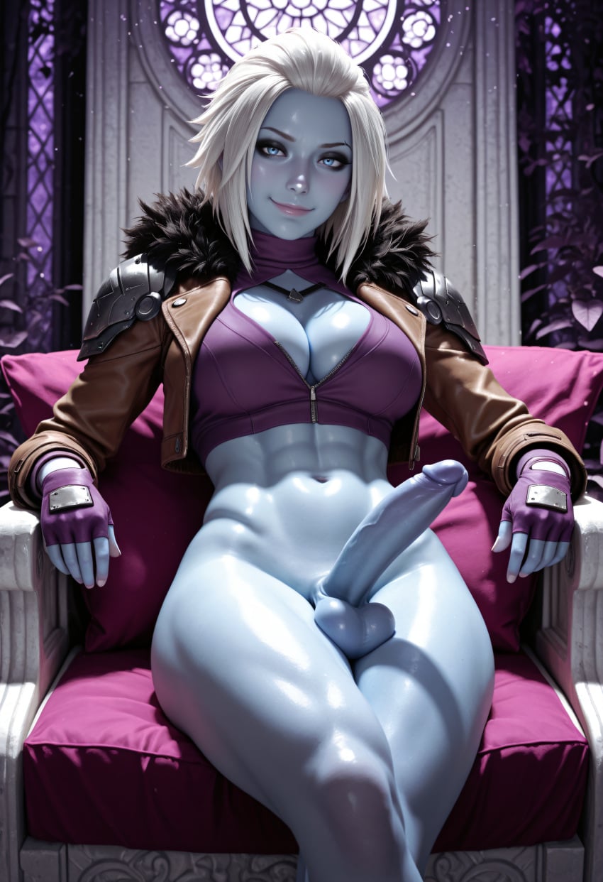 1futa abs ai_generated balls blue_body blue_eyes blue_skin breasts cleavage destiny_(game) destiny_(video_game) destiny_2 erection fit fit_futa futanari mara_sov penis short_hair sparcy testicles white_hair