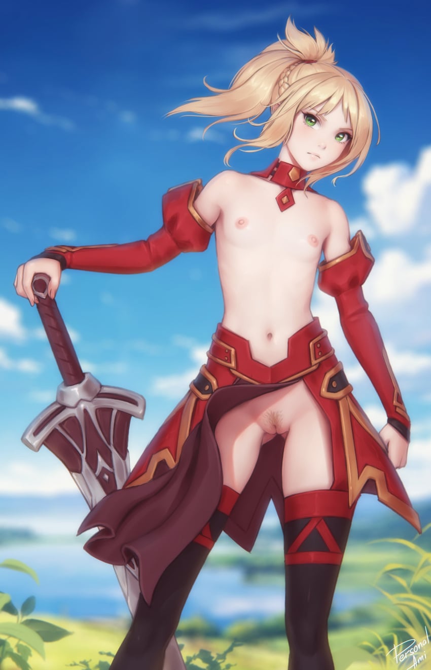 1girls areolae artist_signature ass_visible_through_thighs bare_shoulders black_thighhighs blonde_hair blurry blurry_background braid breasts clarent_(fate) clothing_aside cloud collar detached_collar detached_sleeves exposed exposed_breasts exposed_pussy fate/apocrypha fate/grand_order fate_(series) female female_only functionally_nude functionally_nude_female green_eyes hair_ornament hair_scrunchie highres looking_at_viewer mordred_(fate) navel nipples outdoors pelvic_curtain pelvic_curtain_aside personalami planted planted_sword ponytail pussy revealing_clothes scrunchie skimpy_clothes skindentation sky small_breasts solo solo_female stockings sword thighhighs uncensored weapon wind