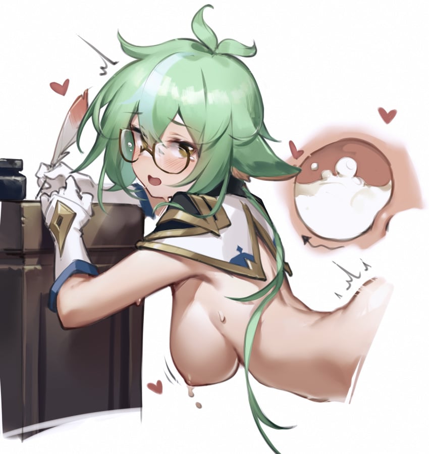 animal_ears bilibili_xiaolu blush breasts brown_eyes cum cum_in_uterus eyebrows_visible_through_hair female genshin_impact glasses gloves green_hair hair_between_eyes hanging_breasts heart highres implied_sex internal_cumshot long_hair medium_breasts nipples round_eyewear short_hair simple_background solo sucrose_(genshin_impact) sweat uterus white_background white_gloves