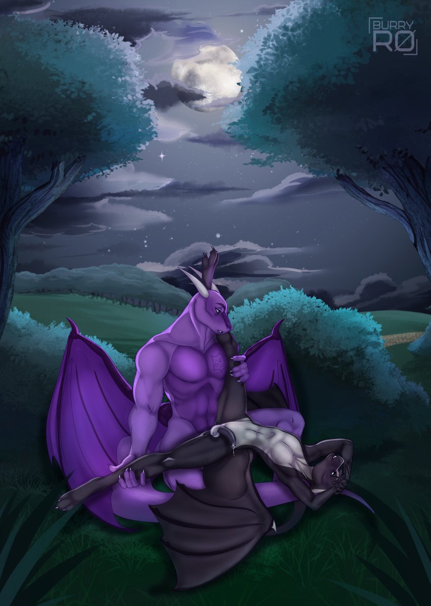 2boys absurd_res anal anthro arinadler athletic balls barefoot blush bodily_fluids branch burryro chest_tattoo claws cloud colored_nails cum dark_purple_body detailed_background dragon duo erection eye_contact feet fingers full_moon gay genital_fluids genitals grass grass_field green_eyes half-erect hi_res hindpaw horn leaf light looking_aside looking_at_another looking_pleasured love loving_gaze lying male male/male male_only male_penetrated male_penetrating male_penetrating_male moon moonlight muscular nails nate_(nateekat) navel nude on_back open_mouth outside outside_sex park path pathway paws penetration penis plant precum purple_body purple_tail scales scalie sex shrub slim smile spread_wings tattoo teeth toes tree vargos_(themad) western_dragon wings