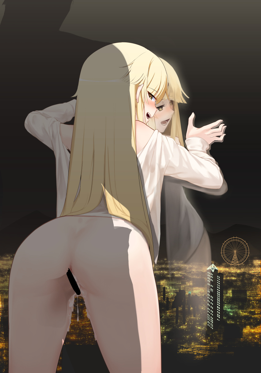 1boy :d absurdres against_glass against_window ass bang_dream! bangs bar_censor bare_legs bent_over blonde_hair blush bottomless censored city_lights cityscape cum cum_in_pussy female from_behind half-closed_eyes hand_on_another's_waist highres indoors irochan leaning_forward long_hair long_sleeves looking_at_another looking_back naked_shirt night night_sky off_shoulder open_mouth overflow penis reflection sex sex_from_behind shirt sidelocks silhouette sky smile standing standing_sex straight torso_grab transparent tsurumaki_kokoro vaginal_penetration white_shirt window