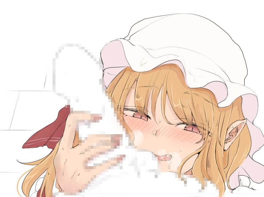 1boy bangs blonde_hair bow censored commentary_request eyebrows_visible_through_hair eyes_visible_through_hair female flandre_scarlet hair_between_eyes hat hat_ribbon highres medium_hair mob_cap necro_(nekurodayo) oerba_yun_fang open_mouth penis red_bow red_eyes red_ribbon ribbon simple_background slit_pupils straight touhou white_background