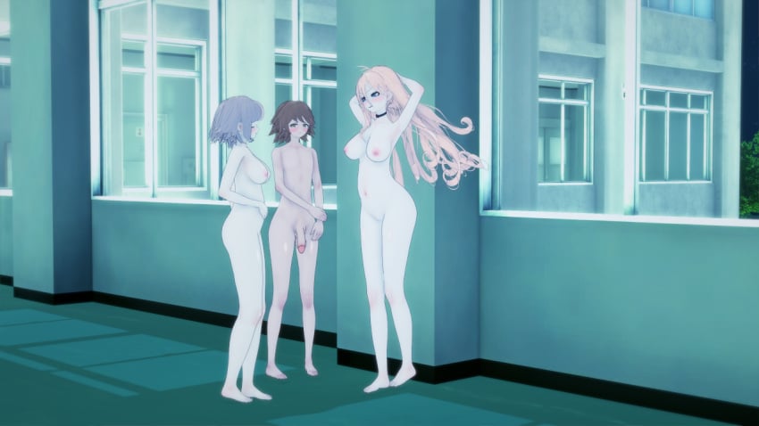 1boy 2girls 3d big_breasts blonde_hair breasts danganronpa danganronpa_2:_goodbye_despair danganronpa_v3 embarrassed exhibitionism female femboy fujisaki_chihiro iruma_miu koikatsu long_hair male multiple_girls naked nanami_chiaki nude orange_hair orph pale-skinned_female penis pink_hair pussy short_hair straight_hair