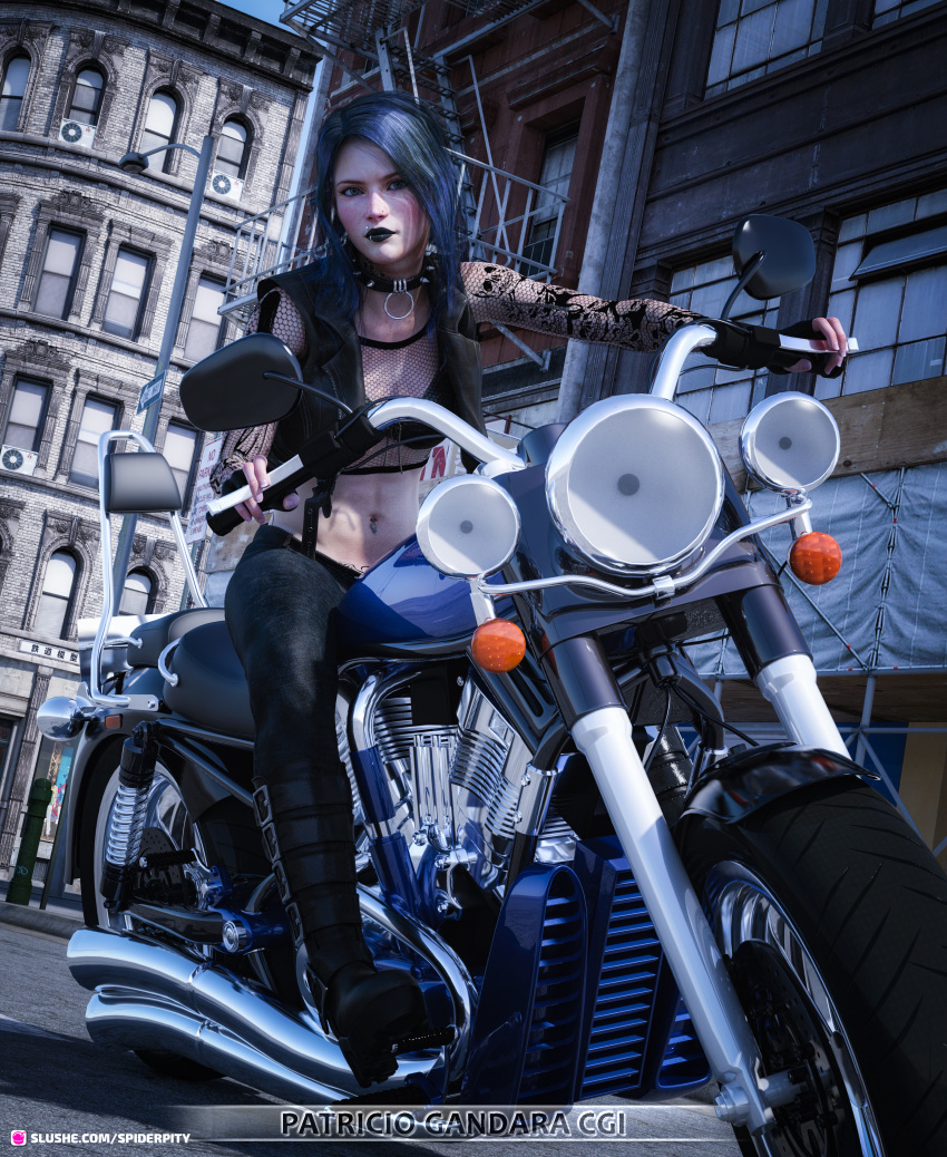 1girls 3d arm_tattoo black_hair black_lipstick blue_hair blush bra collar cute dani_(spiderpity) driving female female_only fingerless_gloves fishnet_armwear fishnet_shirt fishnet_topwear fishnets goth lip_ring looking_at_viewer metalhead motorcycle navel_piercing nose_piercing open_vest original outdoor outdoors outside pale-skinned_female pale_skin pinup public riding_motorcycle short_hair slushe_(website) small_breasts solo solo_female spiderpity spiked_collar studded_bracelet tattoo tattoos vest