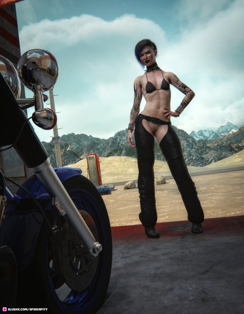 1girls 3d arm_tattoo assless_chaps assless_pants biker_girl black_hair black_lipstick blue_hair bottomless bra bracelet crotchless crotchless_pants dani_(spiderpity) eyebrow_piercing female female_only finger_tattoo goth hand_tattoo lip_ring motel motorcycle navel_piercing nose_piercing outdoor outdoor_nudity outdoors outside petite public public_nudity skull_tattoo slushe_(website) small_breasts solo solo_female spiderpity studded_bracelet viewed_from_below younger_female