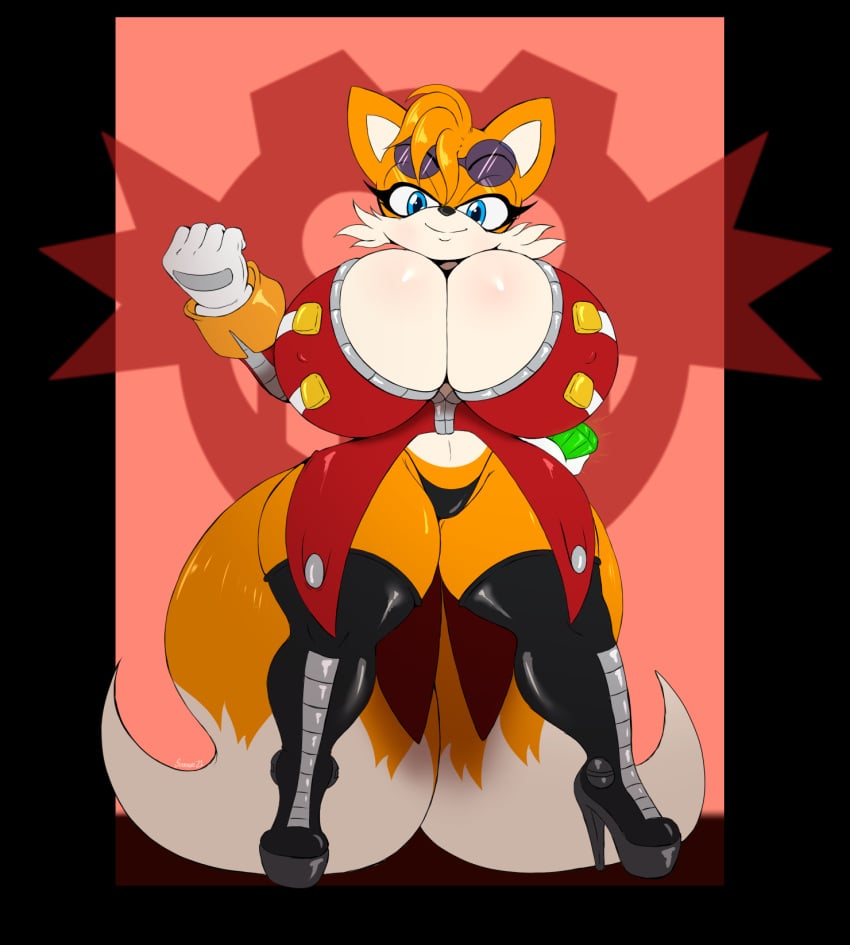 2021 2_tails anthro big_breasts black_nose blue_eyes breasts canid canine cleavage clothed clothing digital_media_(artwork) dipstick_tail dr._eggman_(cosplay) eyewear eyewear_on_head female fist fox front_view hi_res huge_breasts looking_at_viewer mammal markings mtf_crossgender multi_tail navel nipple_outline rule_63 sega simple_background smile solo sonic_(series) suirano tail_markings tails_the_fox tailsko thick_thighs wide_hips