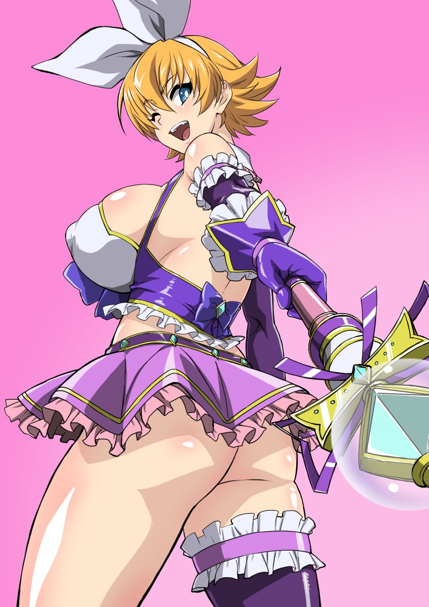 absurdres action_taimanin ass bare_back bare_shoulders blonde_hair blue_eyes breasts detached_sleeves female happy_female highres holding holding_wand igawa_sakura large_breasts looking_at_viewer looking_back magical_girl makinaru no_panties one_eye_closed open_mouth pokies sailor_senshi_uniform short_hair taimanin_(series) thin_female wand