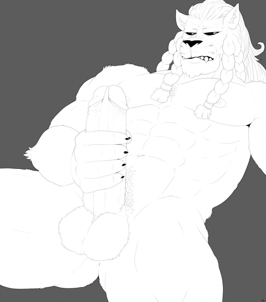 1male abs anthro balls ballsack battle_beast big_balls big_penis body_fur braided_hair erect_penis erection fangs felid foreskin genitals hi_res humanoid_genitalia humanoid_penis invincible leonine lion long_hair_male male male_nipples male_only male_pubic_hair mammal mane manly masculine masturbation mature_male monochrome muscular muscular_male negnod nude_male pantherine pecs penis pointy_ears pubes retracted_foreskin scrotum smooth_fur smooth_penis solo spread_legs testicles thokk thokk_(invincible) toned_male uncut