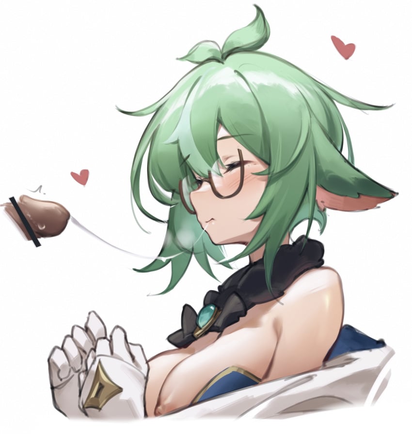 1boy after_fellatio animal_ears bar_censor bilibili_xiaolu blush breasts censored closed_eyes cum cum_string female genshin_impact glasses gloves green_hair heart highres medium_breasts nipples penis round_eyewear short_hair simple_background solo_focus straight sucrose_(genshin_impact) upper_body white_background white_gloves