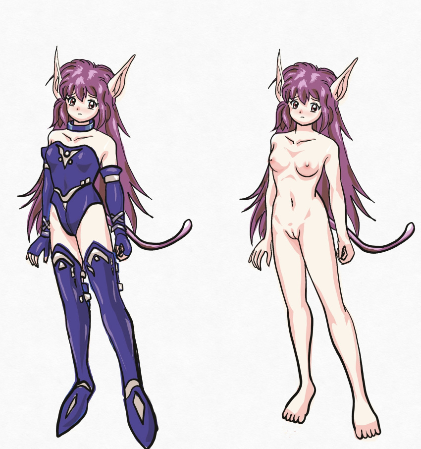 2021 animal_ears animal_tail blush breasts fuji_(pixiv) leotard nei nipples nude phantasy_star phantasy_star_ii pixiv315479 purple_hair red_eyes sega white_background