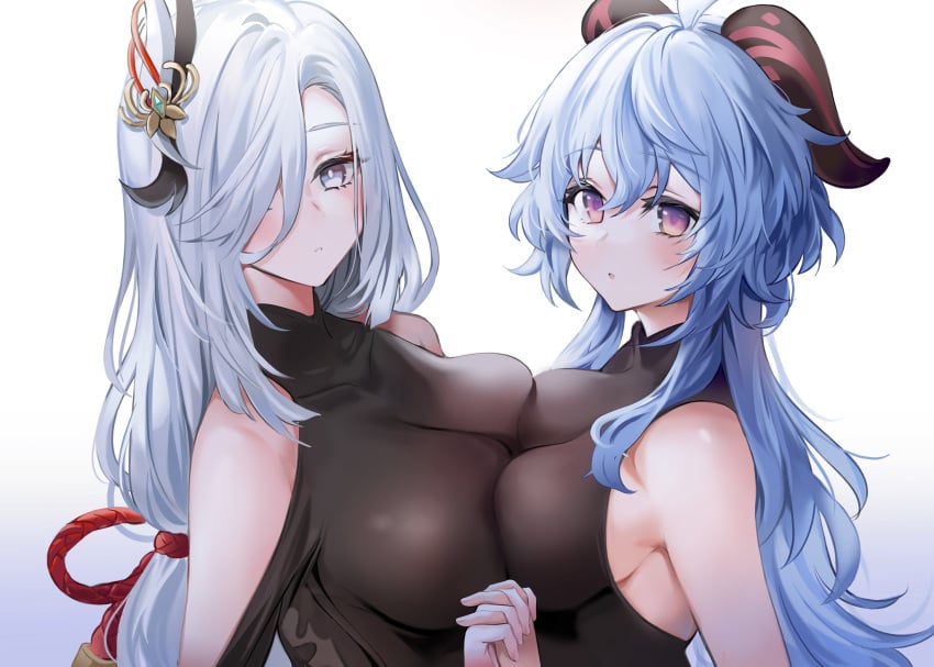 2girls absurd_res big_breasts blue_eyes blue_hair blush bodysuit breast_press breast_squeeze breasts cleavage fingers_interlocked ganyu_(genshin_impact) genshin_impact hair_between_eyes hair_ornament hair_over_one_eye hand_holding hi_res highres holding_hands horn horns huge_breasts large_breasts light-skinned_female light_skin looking_at_viewer mouth_open open_mouth plain_background pressing_breasts_together purple_eyes shenhe_(genshin_impact) shoulders side_view sideboob simple_background size_difference tight_clothing white_background white_hair yellow_eyes yuki_(asayuki101) yuri