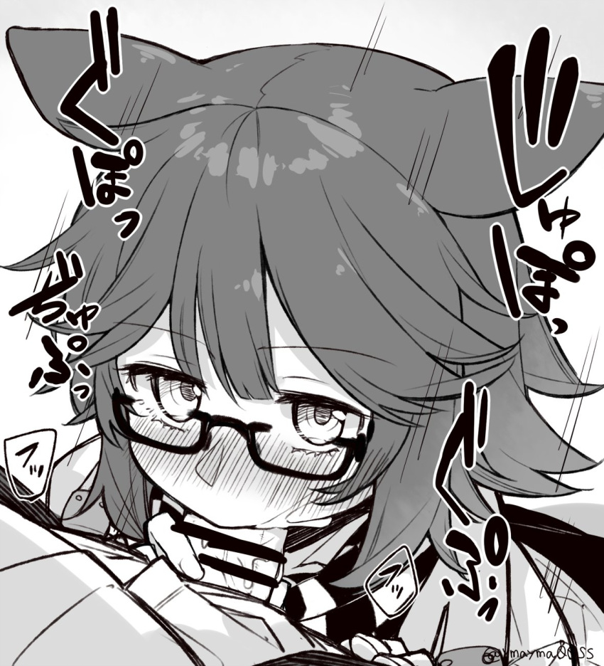 1boy animal_ears arknights bar_censor blowjob blush censored checkered checkered_scarf cock_worship commentary cute deep_blowjob deep_throat deepcolor_(arknights) deepthroat fellatio female glasses greyscale highres looking_at_viewer looking_over_eyewear monochrome motion_lines oral oral_sex penis penis_grab petite pov saliva scarf semi-rimless_eyewear short_hair simple_background solo_focus sound_effects straight twitter_username under-rim_eyewear white_background yom_(ymayma00ss)