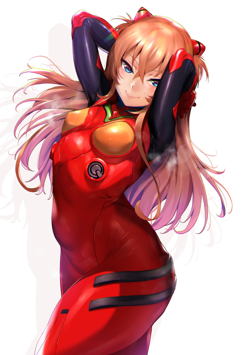 1girls arms_up asuka_langley_sohryu blue_eyes bodysuit clothing cosplay costume hair_ornament heart-shaped_pupils hinnyuu-chan_(iku) iku_(ikuchan_kaoru) long_hair looking_at_viewer neon_genesis_evangelion orange_hair plugsuit red_bodysuit simple_background small_breasts smile solo sweat symbol-shaped_pupils thick_thighs white_background