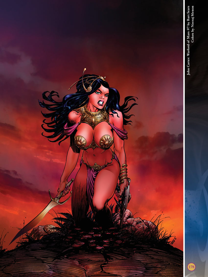 1girls a_princess_of_mars angry barsoom bart_sears black_hair blue_eyes cape clothing dejah_thoris fit_female gold_pasties gritted_teeth gun holding_weapon john_carter_of_mars knife large_breasts loincloth long_hair martian neeraj_menon official_art pink_skin royalty