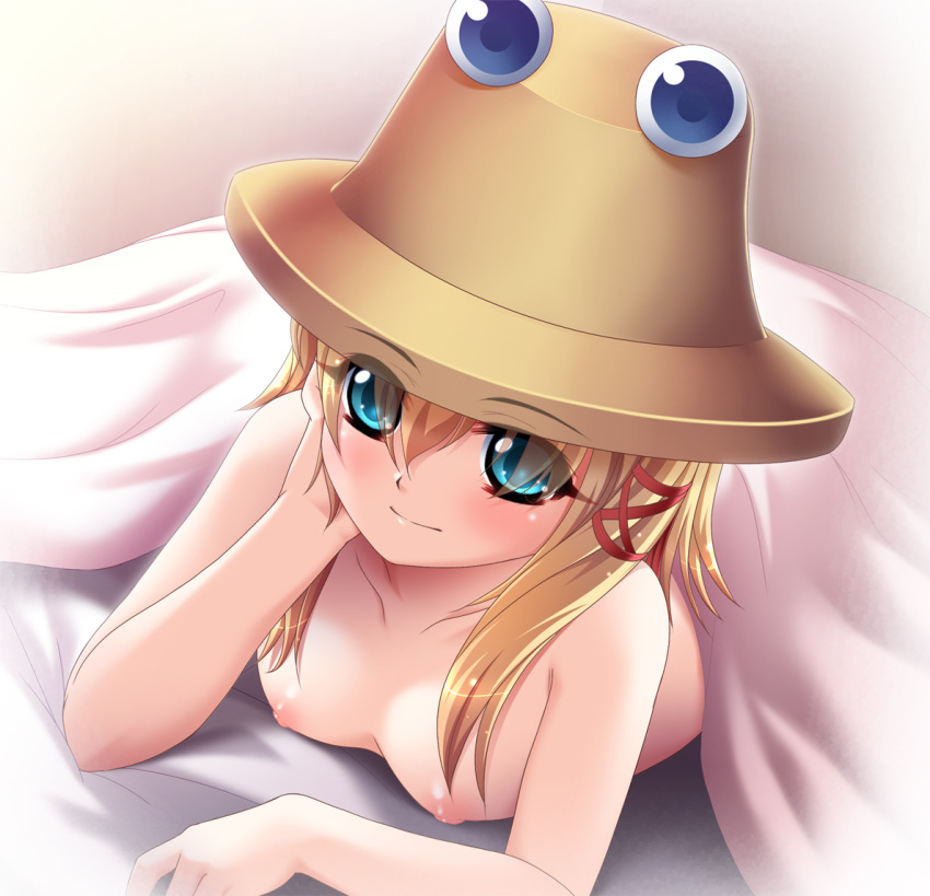 bed blonde_hair blue_eyes breasts eyes female flat_chest hat nakajou nipples nude revision short_hair solo suwako_moriya touhou