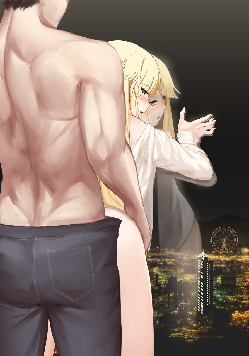 1boy absurdres against_glass against_window bang_dream! bangs bent_over black_pants blonde_hair blush city_lights cityscape female from_behind hand_on_another's_waist highres implied_sex indoors irochan leaning_forward long_hair long_sleeves looking_at_another looking_back muscular muscular_male night night_sky off_shoulder open_mouth pants reflection sex sex_from_behind shirt sidelocks sky standing standing_sex straight topless_male torso_grab tsurumaki_kokoro white_shirt window