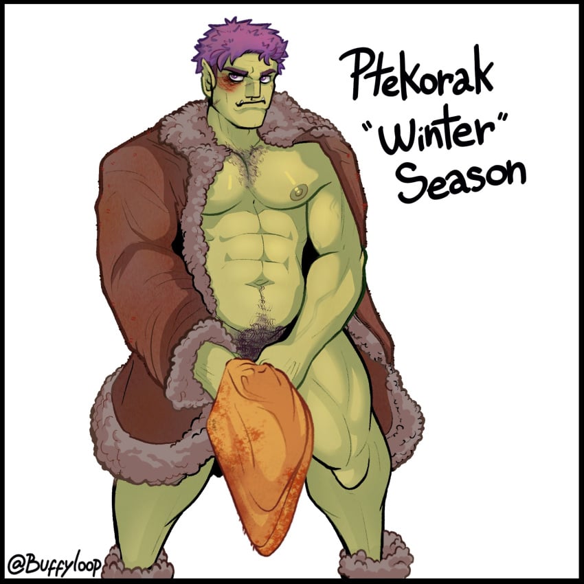 1boy abs bandana bara blood body_hair buffyloop coat coat_on_shoulders dirty_clothing dnd dungeons_and_dragons green_skin half-orc hiding_erection hiding_penis horny humanoid male male_nipples male_only male_pubic_hair muscles muscular_male oc orc orc_male original_character pecs purple_hair shiny_skin solo tusks veins