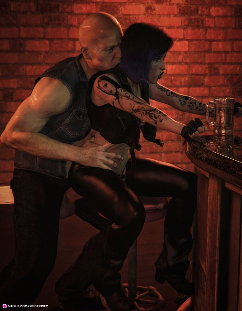 1boy 1boy1girl 1girls 3d age_difference arm_tattoo assless_chaps bar bar_stool barstool barstool_position biker_girl black_hair black_lipstick bra choker clothed clothing crotchless crotchless_pants dani_(spiderpity) eyebrow_piercing female goth indoors lip_ring looking_pleasured male male_focus navel_piercing nose_piercing older_male open_shirt panties petite pixie_cut sex sex_on_barstool short_hair skull_tattoo slushe_(website) small_breasts spiderpity stool_position uncensored vaginal_penetration vest younger_female