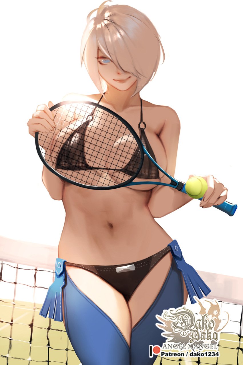 angel_(kof) ass ball bikini bikini_under_clothes black_bikini blue_eyes breasts chaps cleavage closed_mouth commentary cowboy_shot english_commentary female hair_over_one_eye highres holding hu_dako king_of_fighters large_breasts logo navel one_eye_covered racket short_hair skindentation smile solo string_bikini swimsuit tennis_ball tennis_net tennis_racket underboob white_background white_hair