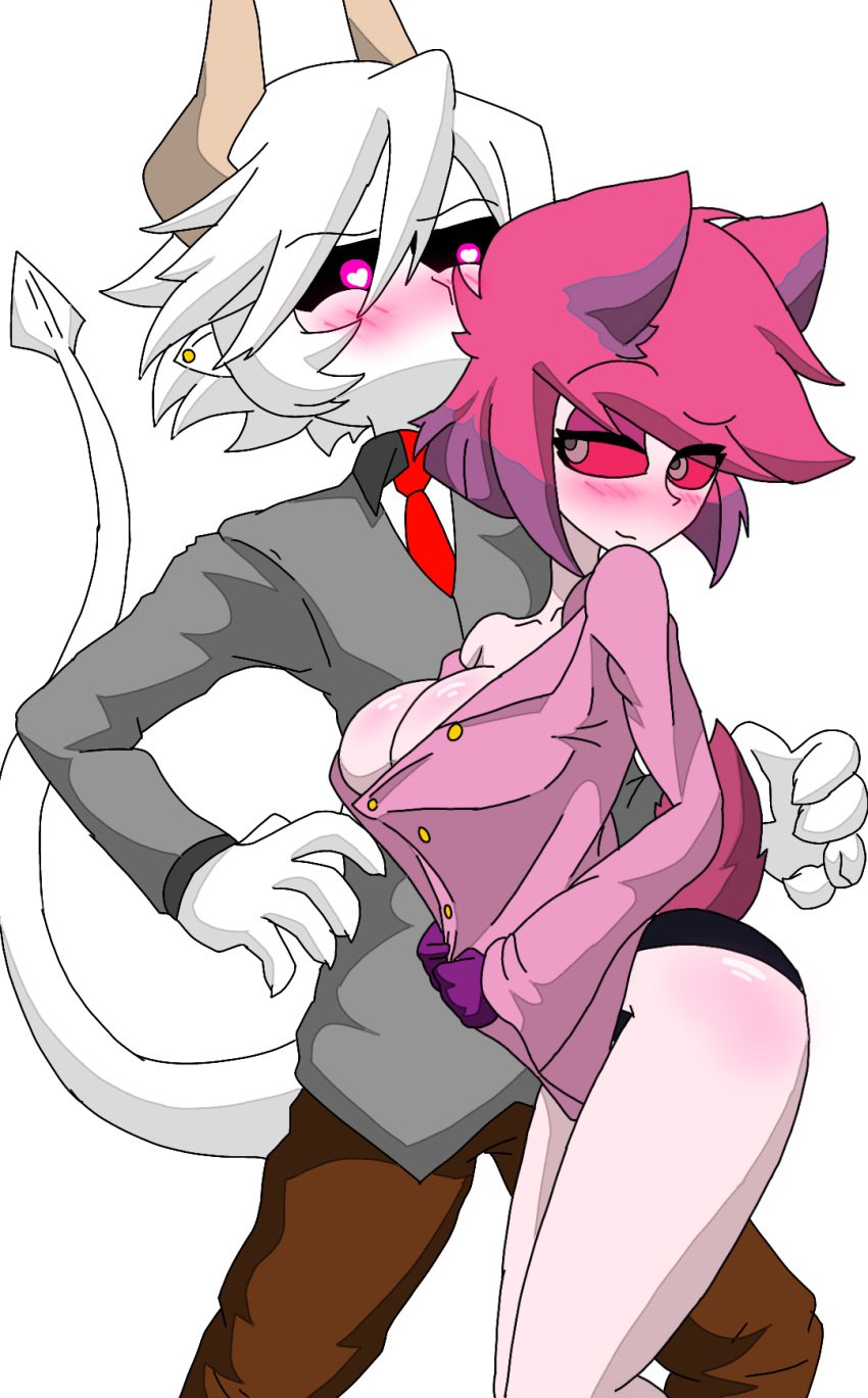 alastor_(hazbin_hotel) angelica_charlotte big_hands black_sclera blush deer_ears demon demon_girl demon_horns demon_tail female_alastor_(hazbin_hotel) fluffy funamusea genderswap hazbin_hotel heart-shaped_pupils kcalb male/female piercing pink_eyes pink_hair pink_sclera revgelty rule_63 smooth_skin straight tail_tuft the_gray_garden traced usagi_star vivienne_medrano white_body white_hair white_skin