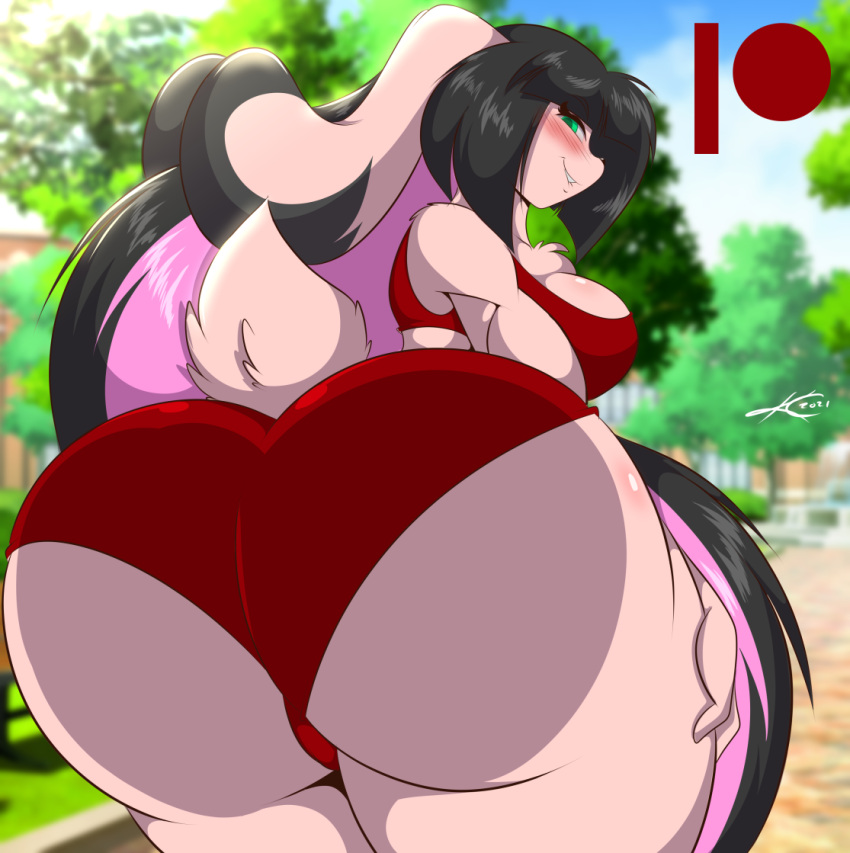 1girls 2021 anthro ass ass_focus big_ass big_breasts biting_lip black_hair blush booty_shorts breasts female female_only furry huge_ass jazmin_usagi lagomorph long_hair looking_at_viewer looking_back mastergodai pink_hair rabbit rascals shorts smile solo tail thick_thighs