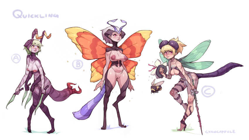 3girls absurdres animal_feet antennae arthropod_girl blonde_hair blush breasts buckler bumblebee_(insect) butterfly_wings closed_mouth colored_skin commentary cyancapsule dagger english_commentary green_hair high_heels highres holding holding_dagger holding_shield holding_sword holding_weapon insect_wings knife large_breasts leaning_forward looking_at_viewer medium_breasts monster_girl multi_arm multi_limb multiple_girls nipples nude orange_eyes original parted_lips pigeon-toed pink_eyes ponytail purple_eyes purple_skin pussy shield simple_background smile standing standing_on_one_leg sword tail topless uncensored weapon white_background white_hair wings