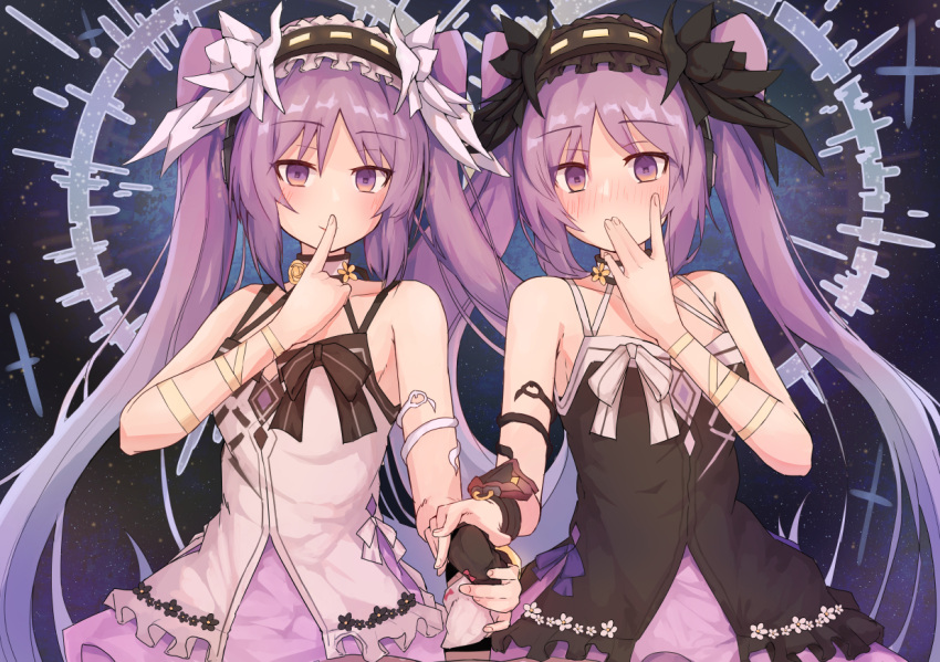 1boy 2girls \||/ armlet bangs bare_shoulders black_dress blush bracelet breasts collarbone dress erection euryale_(fate) fate/grand_order fate/hollow_ataraxia fate_(series) ffm_threesome frilled_hairband frills group_sex hairband halo handjob jewelry long_hair looking_at_viewer lypele multiple_girls multiple_handjob panties panties_on_penis parted_bangs penis purple_eyes purple_hair sidelocks small_breasts smile stheno_(fate) straight threesome twintails underwear very_long_hair white_dress