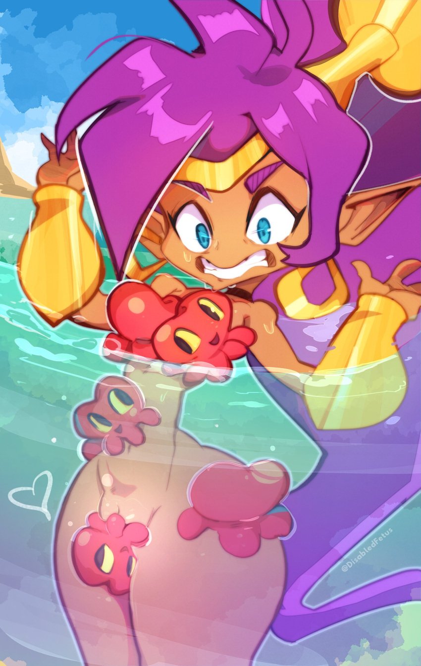 1girls disabledfetus long_hair nude pointy_ears ponytail purple_hair shantae shantae_(character) smooth_skin sweat wayforward wide_eyed