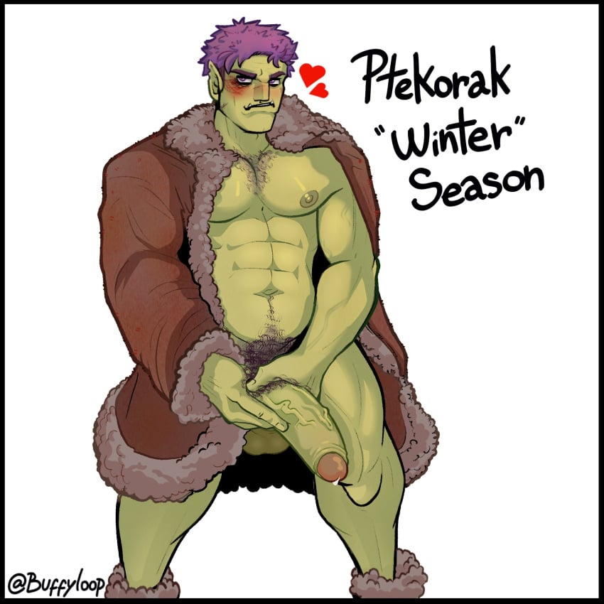 1boy abs balls ballsack bara big_penis body_hair buffyloop coat coat_on_shoulders dnd dungeons_and_dragons erection foreskin foreskin_folds gay grabbing_penis green_skin half-orc horny humanoid intact male male_nipples male_only male_pubic_hair muscles muscular_male oc orc orc_male original_character partially_retracted_foreskin pecs penis precum purple_hair scrotum shiny_skin solo testicles tusks uncut veins veiny_penis yaoi