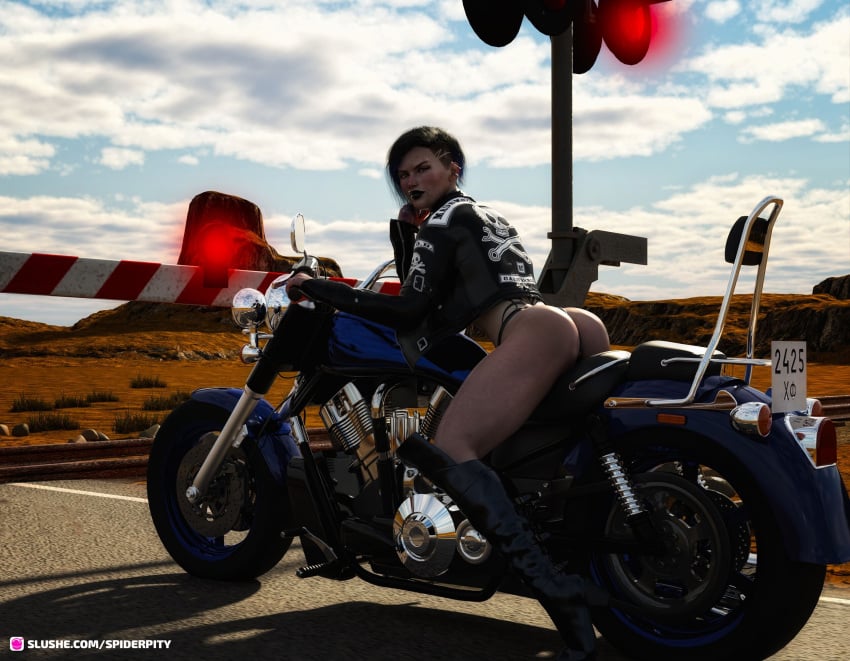 1girls 3d ass biker_girl black_hair black_lipstick blue_hair boots dani_(spiderpity) eyebrow_piercing female female_only goth high_heel_boots high_heels jacket lip_ring looking_at_viewer looking_back motorcycle nose_piercing on_motorcycle outdoor outdoors outside panties pinup pixie_cut public short_hair slushe_(website) solo solo_female spiderpity