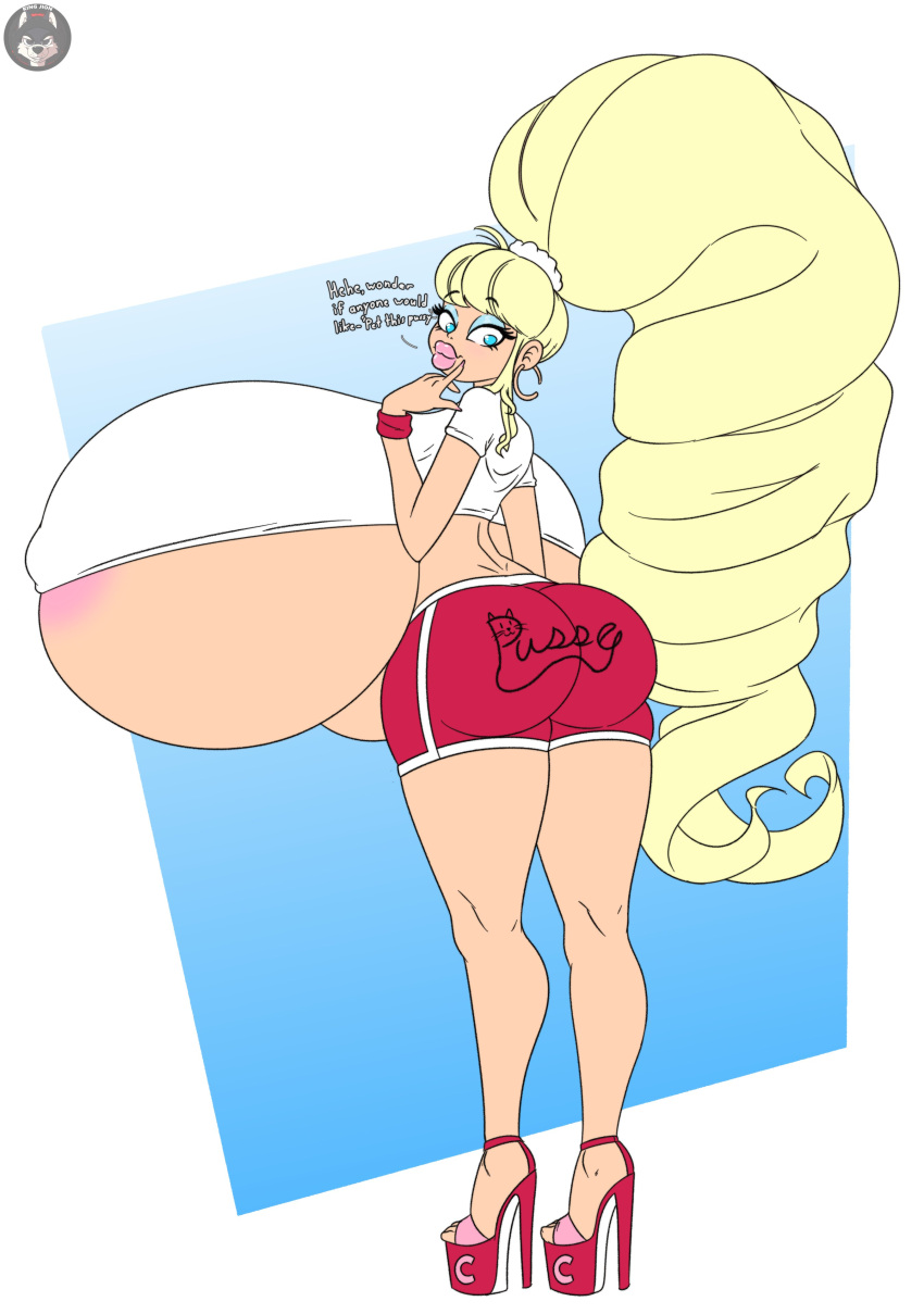 1girls 2020s 2021 ass big_ass big_breasts big_lips bimbo blonde_hair blue_eyes booty_shorts breasts cindi_(theycallhimcake) crop_top female female_only giant_breasts heels high_heels huge_breasts hyper hyper_breasts kingjion lipstick long_hair long_legs looking_back massive_breasts platform_heels round_ass short_shorts shorts solo thick_lips top_heavy underboob very_long_hair