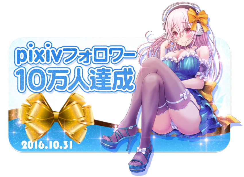 1girls blue_dress blush bow cleavage crossed_legs headphones high_heels large_breasts long_hair looking_at_viewer nitroplus panties pantyshot pink_hair purple_thighhighs red_eyes sitting smile solo sparkle stripper_heels super_sonico thighhighs toeless_footwear toes transparent_background upskirt v-mag