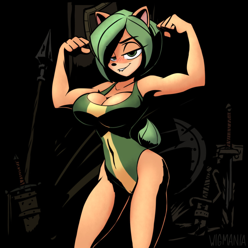 1girls activision ami_bandicoot anthro blush breasts cameltoe cleavage crash_(series) female female_only flexing_bicep fur furry green_eyes green_hair green_tail lip_biting muscles one-piece_swimsuit solo video_games wigmania