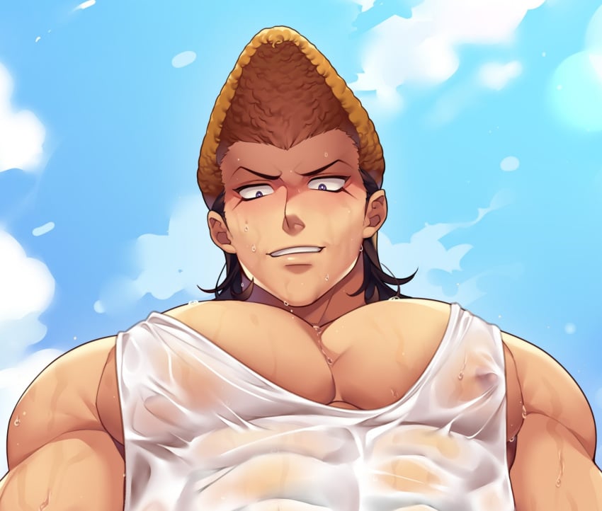 1boy bara black_hair brown_eyes brown_hair cloud cloudy_sky commentary_request covered_abs danganronpa danganronpa:_trigger_happy_havoc etap from_below highres imugemuzimihs large_pectorals low-angle_view male_focus medium_hair mondo_oowada muscular muscular_male pectoral_cleavage pectoral_focus pectorals pompadour qwq1151h seductive_smile see-through shirt sidepec sky smile solo tank_top upper_body wet wet_clothes wet_shirt white_tank_top